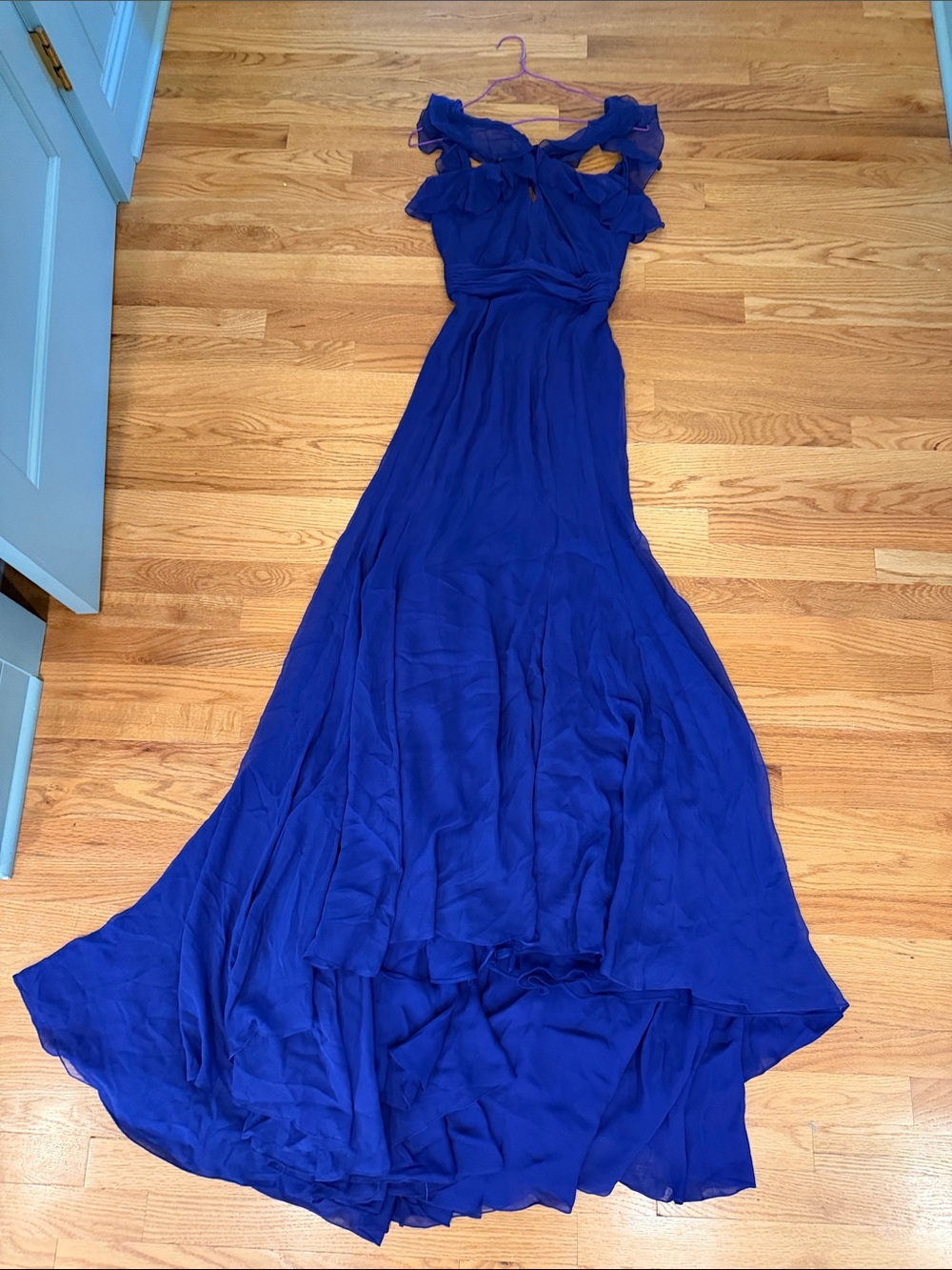 Designer Sample Elegant Ruffled Sheer Maxi Formal Dress in Royal Blue
